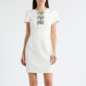 New Sam Edelman Rhinestone Bow Detail Satin Dress White Mini Short Sleeve Sz 8